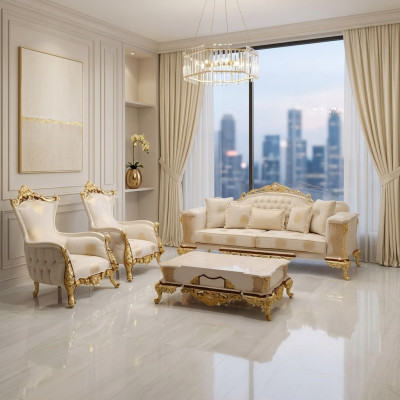 Sofa set 311 + Dřevěný konferenční stolek Obývacího pokoje Luxus Chesterfield Pohovka Látka Nová