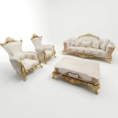 Sofa set 311 + Dřevěný konferenční stolek Obývacího pokoje Luxus Chesterfield Pohovka Látka Nová