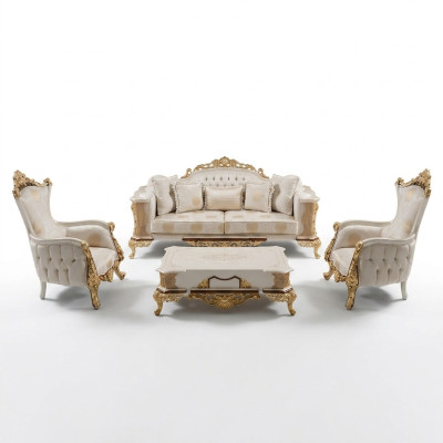 Sofagarnitur 3+1 Sitzer Sofa Set Komplett Textil Holz Wohnzimmer Luxus Sofa Neu