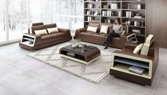 Sofa set 3-místné sezení, konferenční stolek, kožená pohovka, moderní pohovka, sedací souprava.