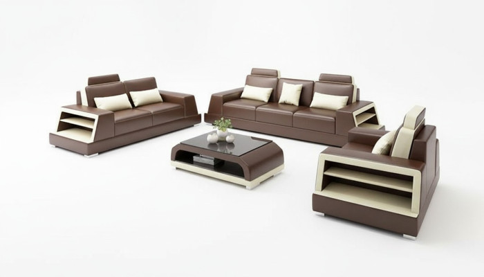Sofa set 3-místné sezení, konferenční stolek, kožená pohovka, moderní pohovka, sedací souprava.