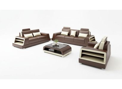 Sofa set 3-místné sezení, konferenční stolek, kožená pohovka, moderní pohovka, sedací souprava.