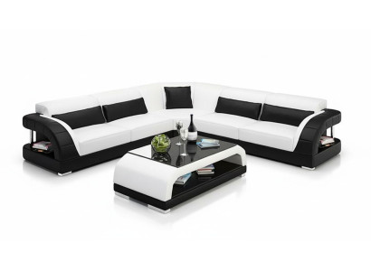Kůží obalovaná pohovka v obývacím pokoji, křeslo, rohová pohovka, designové pohovky, kůží potažený nábytek.