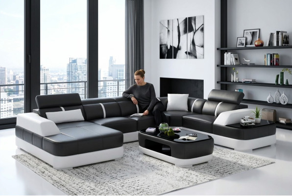 Rohová pohovka Design Moderní obývací pokoj Rovná kožená pohovka gauč