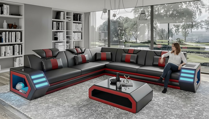 Design Wohnzimmer Eckcouch Ecksofa Möbel Lederpolster Couch Sofa L Form + Tisch