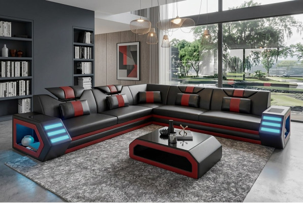 Design Wohnzimmer Eckcouch Ecksofa Möbel Lederpolster Couch Sofa L Form + Tisch