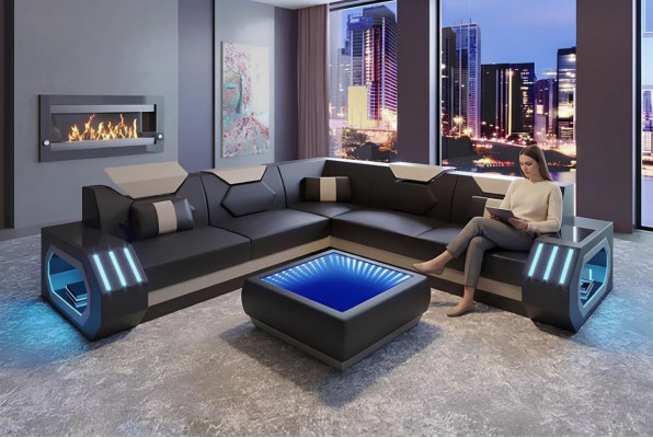 Ecksofa s kůženým čalouněním design obývací pokoj rohová sedací souprava gauč sofa L tvar obývací krajina