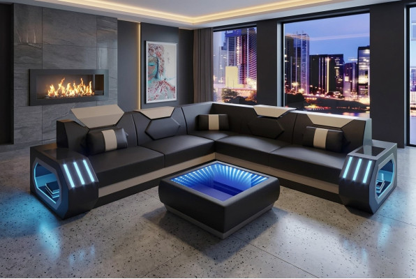 Ecksofa s kůženým čalouněním design obývací pokoj rohová sedací souprava gauč sofa L tvar obývací krajina