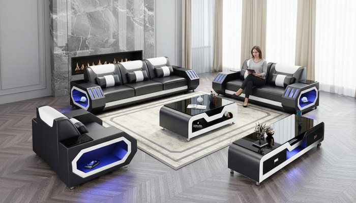 Sofá souprava 3+2+1 Moderní sedací souprava Kožená sedací souprava Designové pohovky Obývací stěna Nová.