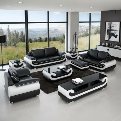Klassische Ledersofa Garnitur Komplett Set 8 tlg. Wohnzimmer Set Tisch Hocker