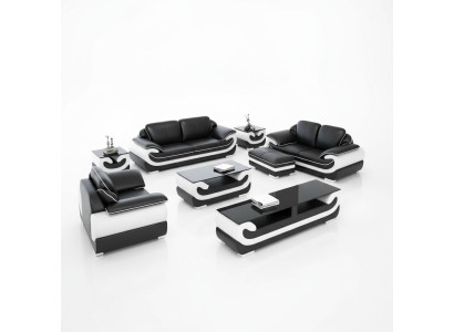 Klassische Ledersofa Garnitur Komplett Set 8 tlg. Wohnzimmer Set Tisch Hocker