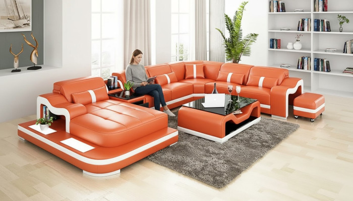 Designový rohový rozkládací nábytek U tvaru, designerská pohovka, kožená sedací souprava pro obývací pokoj, rohová sedací souprava.