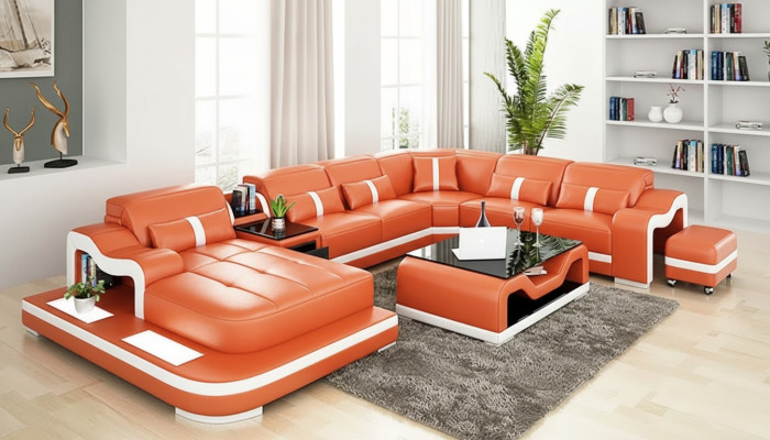 Designový rohový rozkládací nábytek U tvaru, designerská pohovka, kožená sedací souprava pro obývací pokoj, rohová sedací souprava.