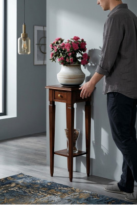 Holz-Blumenständer in Braun mit Schublade und Regal