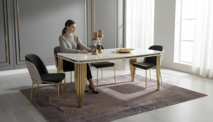 Essgarnitur Luxus Esstisch 4x Stühle Essgruppe Tisch Edelstahl Komplett Set 5tlg