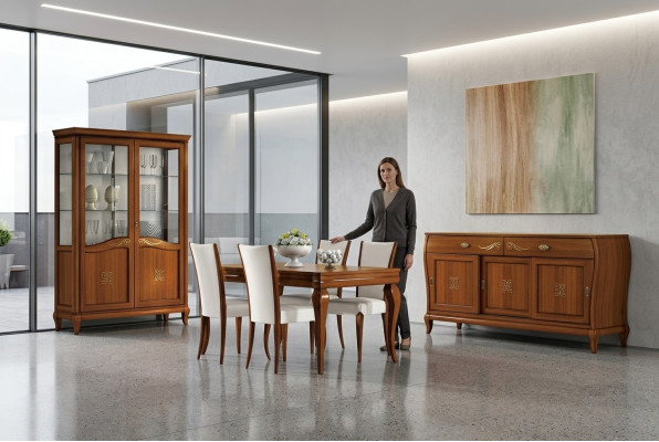 Design set 7ks jídelního pokoje jídelní stůl židle komoda vitrína skupina jídelní stoly dřevo.