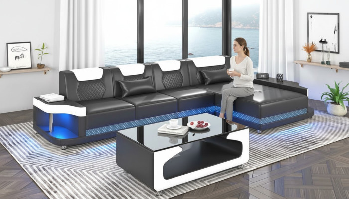 Rohová sofa L-tvaru tapicírová kůže obývací krajina pohovky roh luxus nábytek nový.