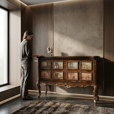 Prachtvoller Buffetschrank mit Abbildungen von architektonischen Gebäuden auf den Fassaden
