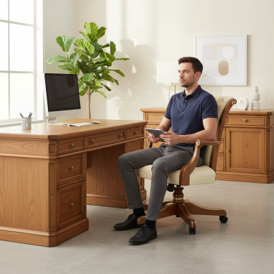 Bürostuhl Holz Chefsessel Chesterfield italienische Möbel weiß Drehstuhl neu