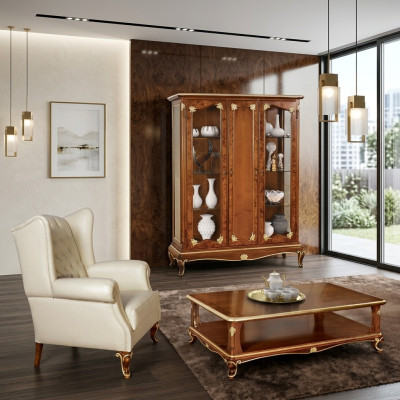 Klassische Vitrine Möbel Wohnzimmerset Schrank mit Couchtisch Vitrine Italien