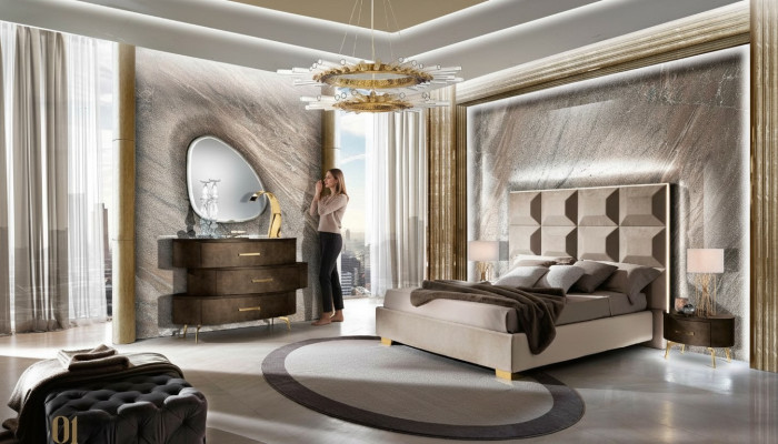 Luxus Set 5tlg. Schlafzimmer Bett Nachttisch Kommode Spiegel Garnitur Doppel Neu