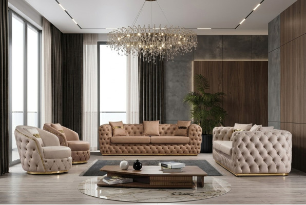 Chesterfield sada sedacího nábytku 3+3+1+1 - sestava: sofa, křeslo, sedací souprava, pohovka, křesla, kožené, béžové
