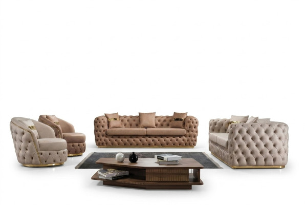 Chesterfield sada sedacího nábytku 3+3+1+1 - sestava: sofa, křeslo, sedací souprava, pohovka, křesla, kožené, béžové