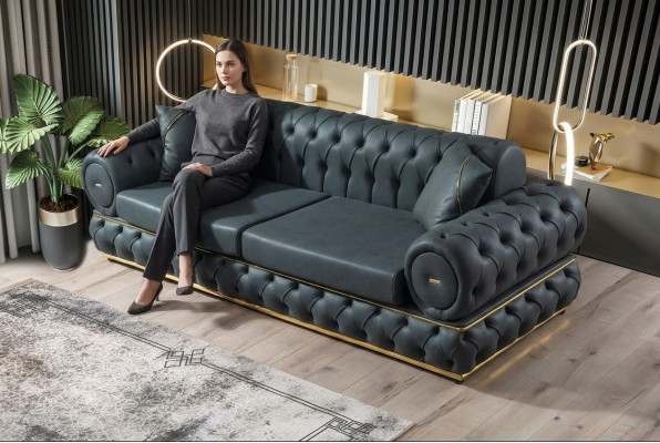 Sofa 3 sedačky Chesterfield čalouněná pohovka třísedadlová kůže modrá nábytek do obývacího pokoje