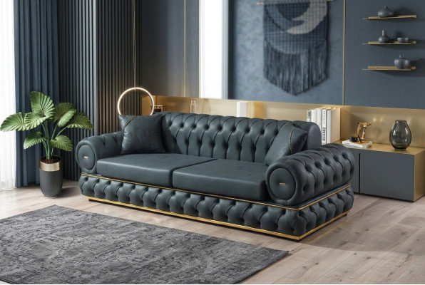 Sofa 3 sedačky Chesterfield čalouněná pohovka třísedadlová kůže modrá nábytek do obývacího pokoje