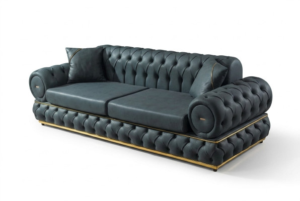 Sofa 3 sedačky Chesterfield čalouněná pohovka třísedadlová kůže modrá nábytek do obývacího pokoje