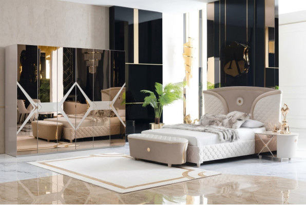 Postel Noční stolek Šatní skříň 6 dílná Ložnice Sestava Design Luxusní Koule Moderní