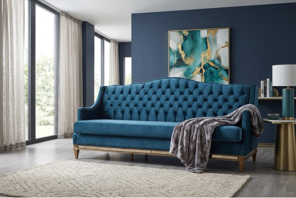 Modrá pohovka Chesterfield s třemi sedadly Relax Lounge pro obývací pokoj.