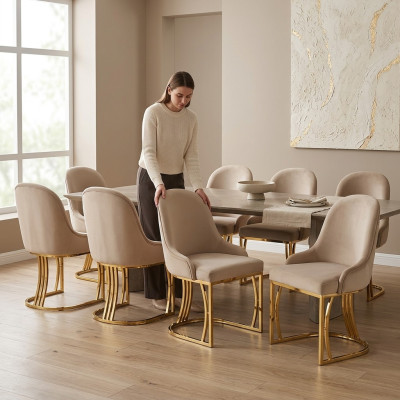 Designová sada židlí 8x křesla nerez textilní čalounění židle jídelny