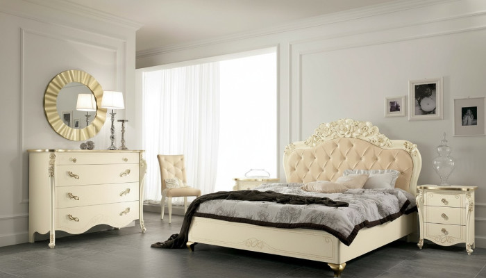 Schlafzimmer Set Beige Schlafzimmer Bett Nachttisch Kommode Spiegel Stuhl 6tlg.