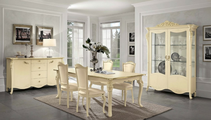 Esszimmer Beige Esstisch 4x Stühle Kommode Vitrine Gruppe Garnitur Möbel 7tlg