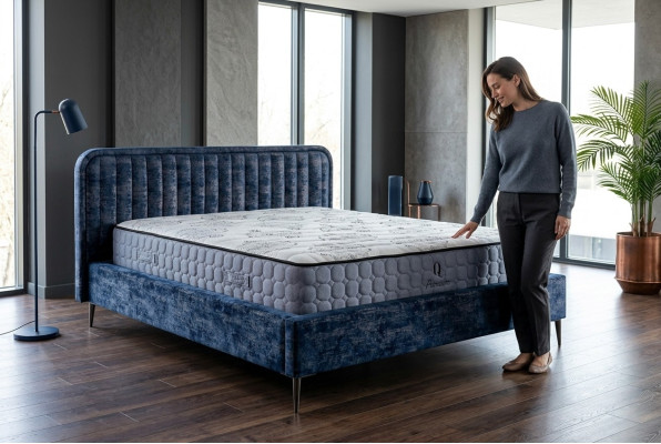 Postel Modrá Manželská Postel Ložnice Dřevo Nábytek Design Elegantní Potah Látka Nový