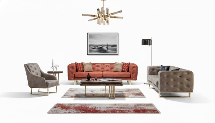 Chesterfield Bunte Couch Sofagarnitur Möbel Set 3+3+1 Gruppe Textil