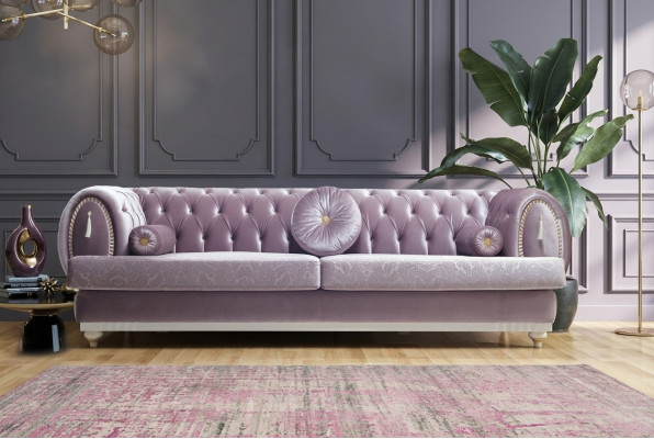 Lila Chesterfield Dreisitzer Designer 3-Sitzer Polstercouchen Holzgestell