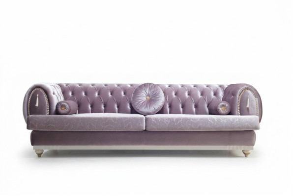 Lila Chesterfield Dreisitzer Designer 3-Sitzer Polstercouchen Holzgestell