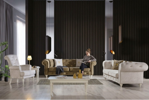 Elegantní sedací souprava do obývacího pokoje, 3-místná pohovka, 2 křesla a luxusní gauč.