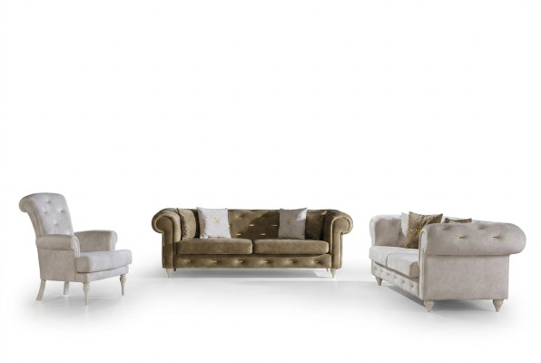 Elegantní sedací souprava do obývacího pokoje, 3-místná pohovka, 2 křesla a luxusní gauč.