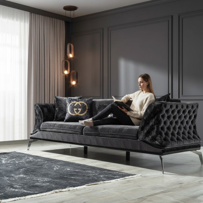 Sofa 3-sedadlové čalouněné nábytek třísedadlová černá pohovka s dřevem a kovem