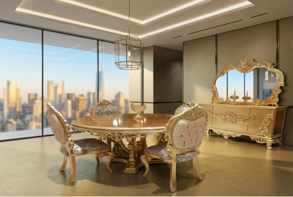 Luxus Garnitur Set Esszimmer Esstisch Stuhl Kommode Spiegel Stühle Tisch 7tlg.