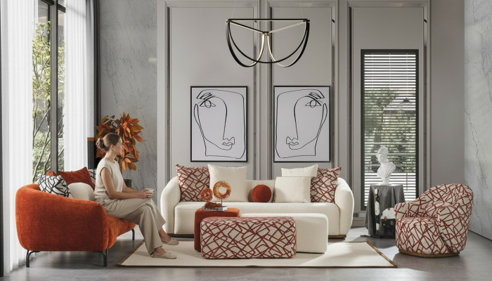 Sofagarnitur Sofa Sessel 431 Sitz Stoff Luxus Sofas Orange Wohnzimmer