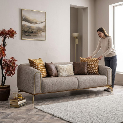 Třísedák sedací souprava 3místná - design moderní šedý materiál - obývací pokoj