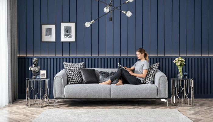 Třísedák Pohovka 3 Místná Pohovka Potah Šedá Obývací Pokoj Moderní Luxusní