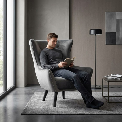 Křeslo s uším látkové obývacího pokoje polyester design šedé moderní sedadlo