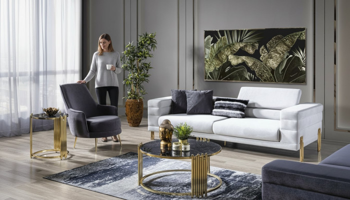 Luxus Sofagarnitur Sofa 4 Sitzer Sessel Stoff Modern Weiß Modern Set