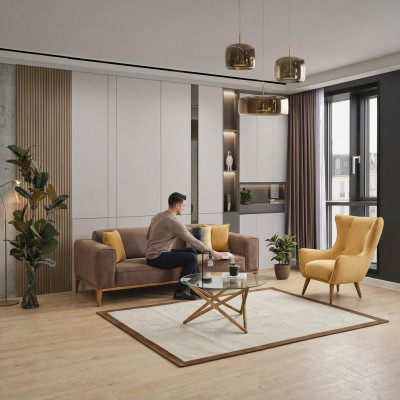 Sofagarnitur Sofa 4 Sitzer Sessel Gelb Stoff Btaun Modern Viersitzer