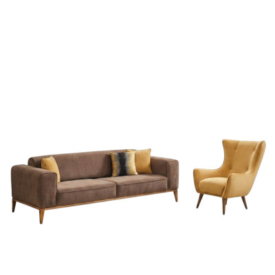 Sofagarnitur Sofa 4 Sitzer Sessel Gelb Stoff Btaun Modern Viersitzer
